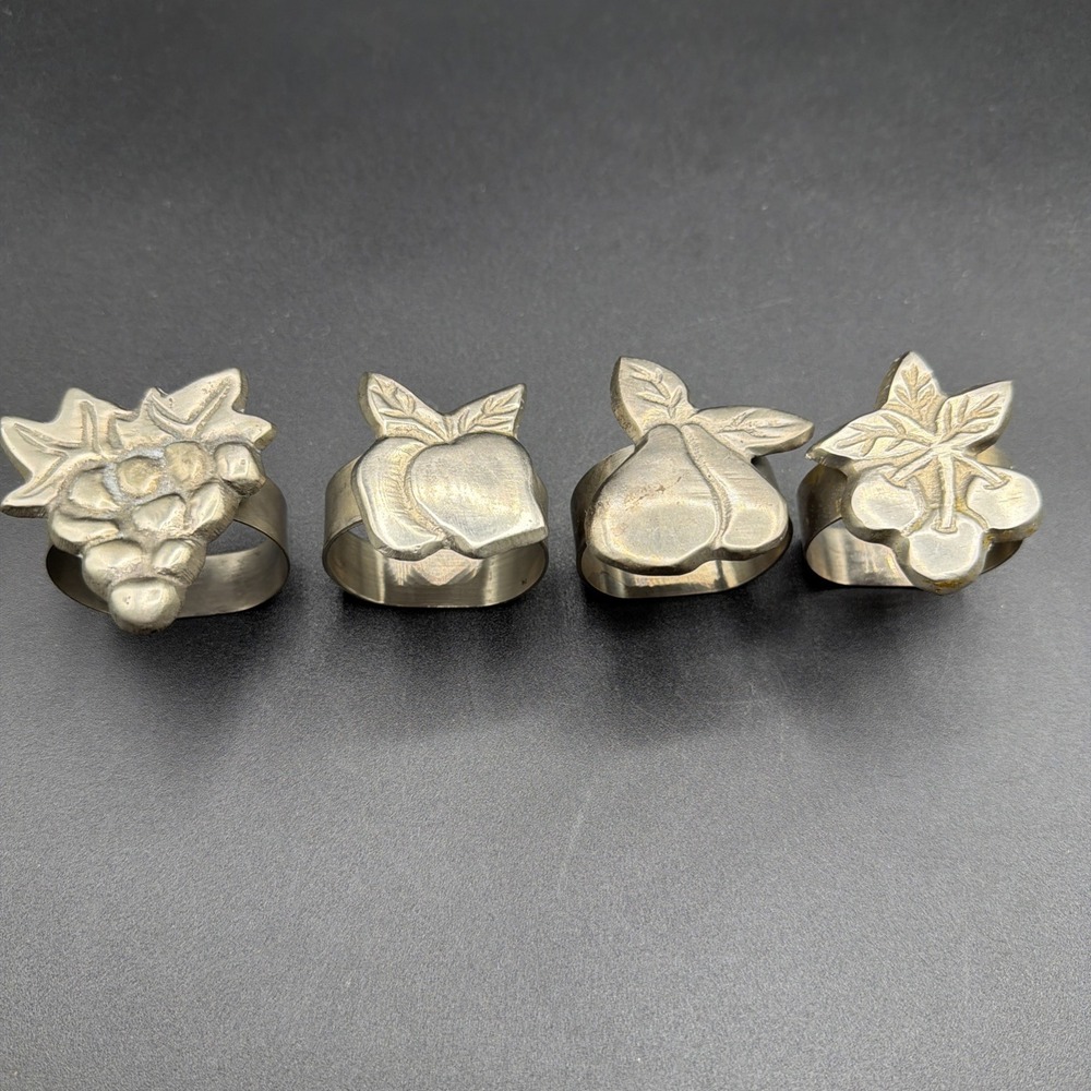 Vtg. Set of Four (4) Pewter Fruit Themed Napkin Rings-Apple-Grapes-Pear-Cherries
